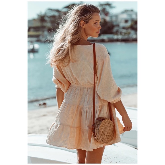 SOLD OUT CLEARANCE Peach Tiered Ruffle Button Neck Mini Dress - Picture 5 of 8